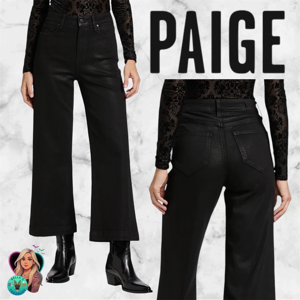 Paige Women's 32 Anessa Wide Leg Denim Jeans Ankle Black Fog Luxe Coated $279